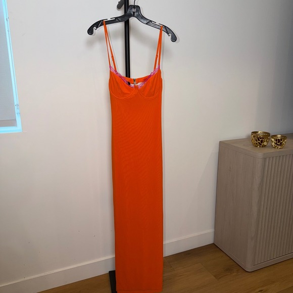 Unbranded Dresses & Skirts - Orange Bodycon Maxi Dress Pink Lace Trim Underwire Cups Back Cutout Size S